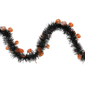 50' Unlit Black with Orange Jack-O'-Lanterns Halloween Tinsel Garland