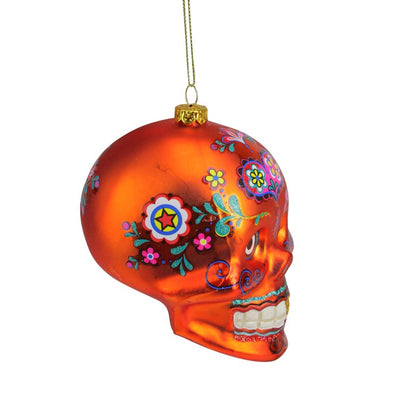 4" Orange Day of the Dead Glitter Embellished Skull Halloween Ornament