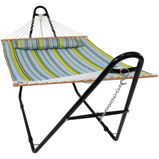 Quilted Fabric Two-Person Hammock with Universal Steel Stand - Blue and Green