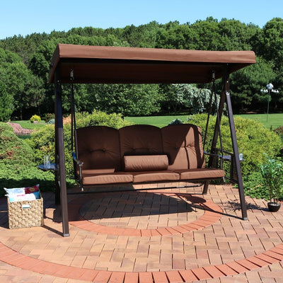 Three-Person Adjustable Tilt Canopy Patio Swing with Attached Side Table - Brown