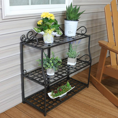 Three-Tier Metal Iron Plant Stand with Scroll Edging - Black