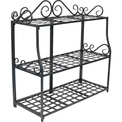 Three-Tier Metal Iron Plant Stand with Scroll Edging - Black