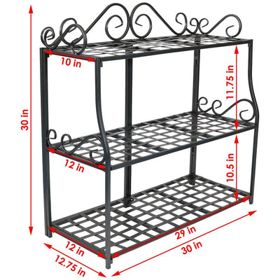 Three-Tier Metal Iron Plant Stand with Scroll Edging - Black