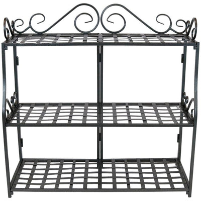 Three-Tier Metal Iron Plant Stand with Scroll Edging - Black