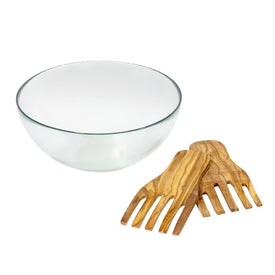 Urban Recycled Clear Glass Birch Salad Bowl and Olive Wood Server Hands