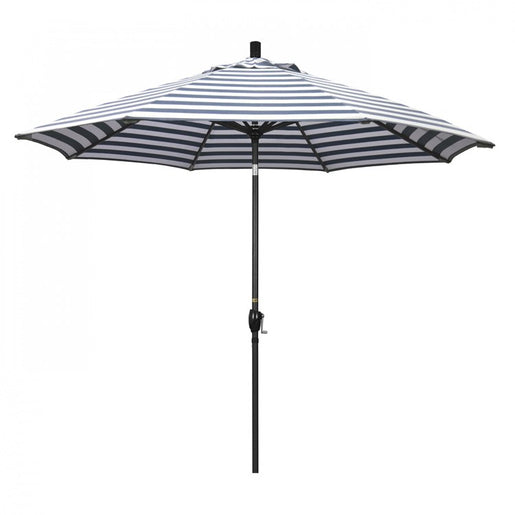 Pacific Trail Series 9' Patio Umbrella with Stone Black Aluminum Pole and Ribs Push Button Tilt Crank Lift and Olefin Navy White Cabana Stripe Fabric