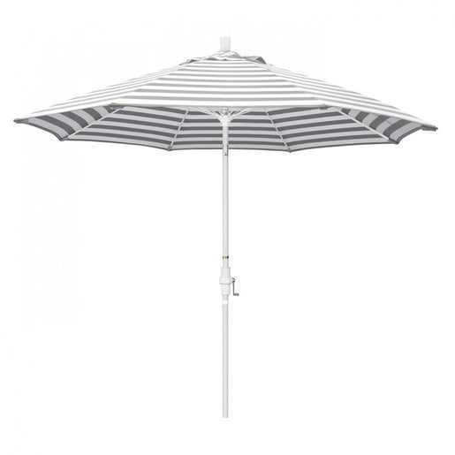 Sun Master Series 9' Patio Umbrella with Matted White Aluminum Pole Fiberglass Ribs Collar Tilt Crank Lift and Olefin Gray White Cabana Stripe Fabric