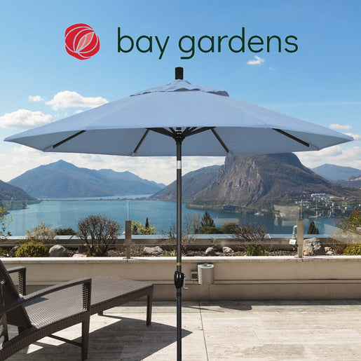 Pacific Trail Series 9' Patio Umbrella with Stone Black Aluminum Pole and Ribs Push Button Tilt Crank Lift and Sunbrella 1A Air Blue Fabric