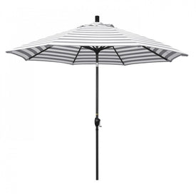 Pacific Trail Series 9' Patio Umbrella with Stone Black Aluminum Pole and Ribs Push Button Tilt Crank Lift and Olefin Gray White Cabana Stripe Fabric