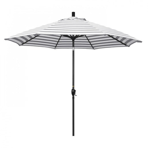Pacific Trail Series 9' Patio Umbrella with Stone Black Aluminum Pole and Ribs Push Button Tilt Crank Lift and Olefin Gray White Cabana Stripe Fabric