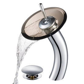 Tall Waterfall Bathroom Faucet for Vessel Sink with Clear Brown Glass Disk and Pop-Up Drain