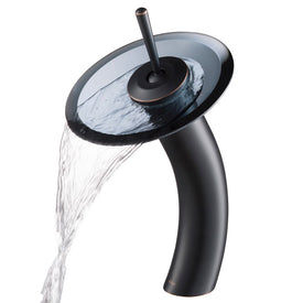 Tall Waterfall Bathroom Faucet for Vessel Sink with Clear Black Glass Disk