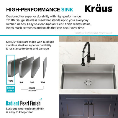 KRAUS Dex 32" Undermount 16 Gauge Stainless Steel Single Bowl Kitchen Sink