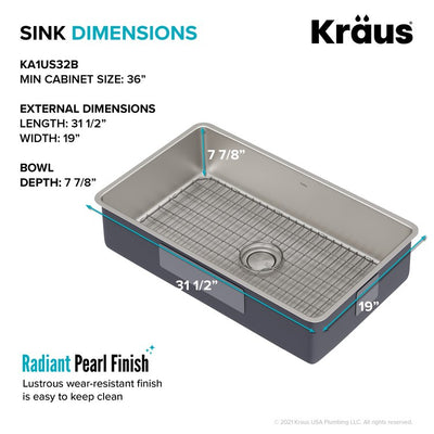 KRAUS Dex 32" Undermount 16 Gauge Stainless Steel Single Bowl Kitchen Sink