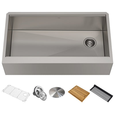 Kore Workstation 36" Single Bowl 16-Gauge Stainless Steel Flat Apron-Front Kitchen Sink with Accessories (Pack of 5) - OPEN BOX