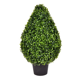 Vickerman 24" Artificial Boxwood Teardrop Shaped Bush, Black Plastic Pot.