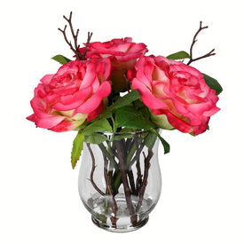 Vickerman 10" Artificial Dark Pink Rose In Glass Vase.
