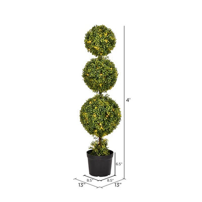 4' Artificial Triple Ball Green Boxwood Topiary with LED Lights