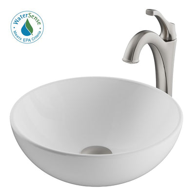 Elavo 14" Round White Porcelain Bathroom Vessel Sink and Spot Free Arlo Faucet Combo Set with Pop-Up Drain