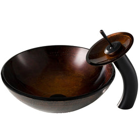 Copper Brown Glass Bathroom Vessel Sink and Waterfall Faucet Combo Set with Disk and Pop-Up Drain