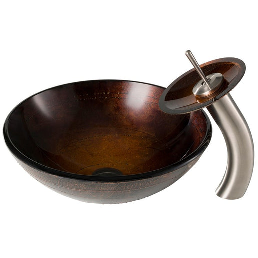 Copper Brown Glass Bathroom Vessel Sink and Waterfall Faucet Combo Set with Disk and Pop-Up Drain
