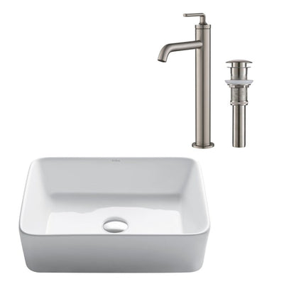 Elavo 19" Rectangular White Porcelain Bathroom Vessel Sink and Ramus Single Handle Bathroom Vessel Sink Faucet with Pop-Up Drain