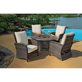 Portico Five-Piece Wicker Patio Chair and Cast Aluminum Gas Fire Pit Outdoor Furniture Set with Beige Cushions