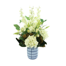 28" Artificial White Delphinium, Hydrangea and Magnolia Garland in Blue Ceramic Vase