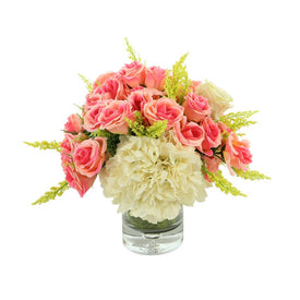 15" Artificial Hydrangea and Rose Bouquet in Glass Vase