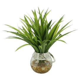 15" Artificial Grass Leaf Plant in Glass Vase with Rocks and Acrylic Water