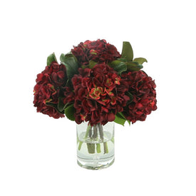 15" Artificial Red Hydrangeas and Magnolia Leaves in Glass Vase with Acrylic Water