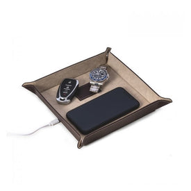 Leather Valet Tray with Wireless Charger - Brown