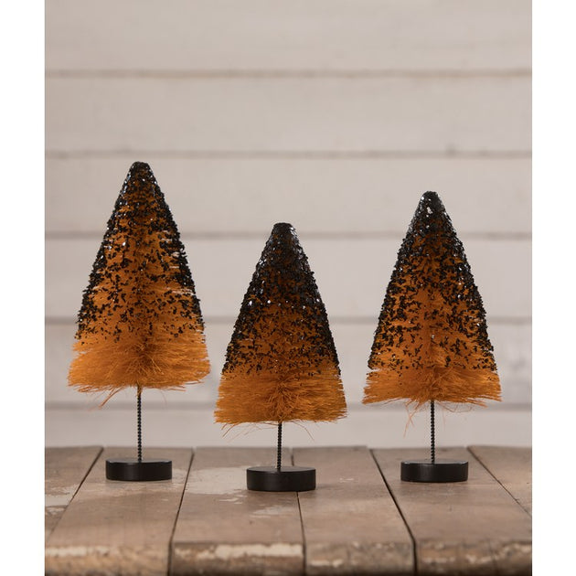 Orange Bottle Brush Trees with Black Glitter Set of 3 - Riverbend Home