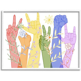 Rainbow Peace Love Caring Hand Signs ASL 24"x30" Oversized White Framed Giclee Texturized Art