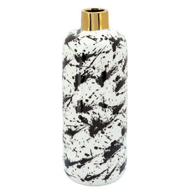 6" x 15" Splatter Pattern Ceramic Vase with Gold Lid - White/Black
