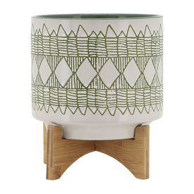 10" Aztec Ceramic Planter on Wooden Stand - Olive