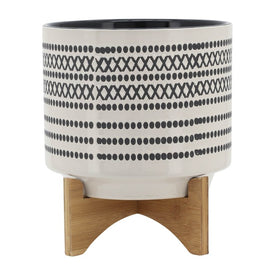10" Aztec Ceramic Planter with Wood Stand - Gray
