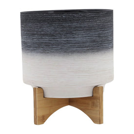 10" Ceramic Planter on Wooden Stand - Gray
