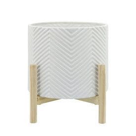 10" Chevron Ridges Ceramic Planter with Wood Stand - White