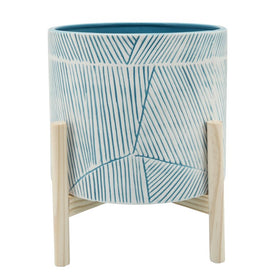 10" Abstract Lines Ceramic Planter with Wood Stand - Light Blue