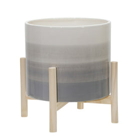 10" Tonal Stripes Ceramic Planter with Wood Stand - Beige Mix