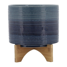 8" Dotted Ceramic Planter with Wood Stand - Blue