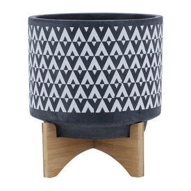 10" Aztec Ceramic Planter on Wooden Stand - Gray