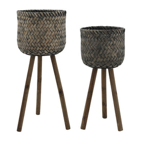 Herringbone Weave Bamboo Planters on Stands Set of 2 - Brown