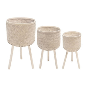 Herringbone Bamboo Planters Set of 3 - White Wash