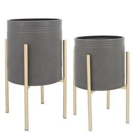Aztec Planters on Metal Stands Set of 2 - Gray/Gold