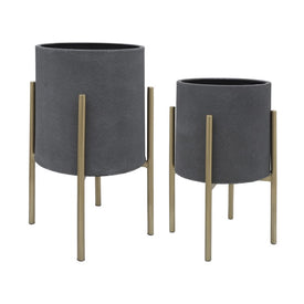 Planters on Metal Stands Set of 2 - Gray/Gold