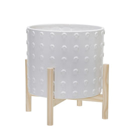10" Dotted Ceramic Planter with Wood Stand - White
