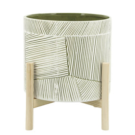 10" Abstract Lines Ceramic Planter with Wood Stand - Green Mix