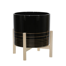 10" Metallic Striped Ceramic Planter with Wood Stand - Black